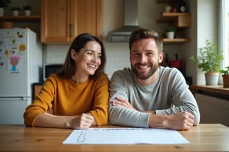 Couple souriant avec liste des 10 commandements à la maison