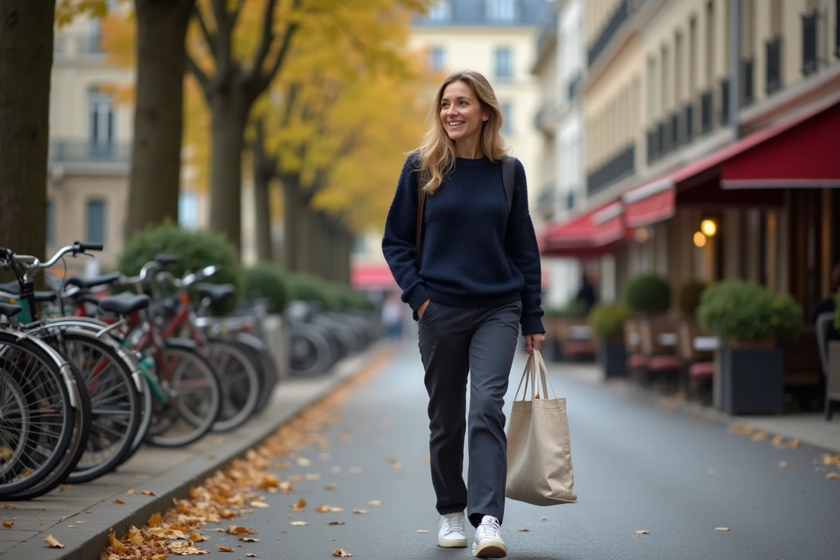 Femme artiste se promenant dans une rue parisienne en automne, incarnant l'équilibre entre vie publique et moments de vie privée