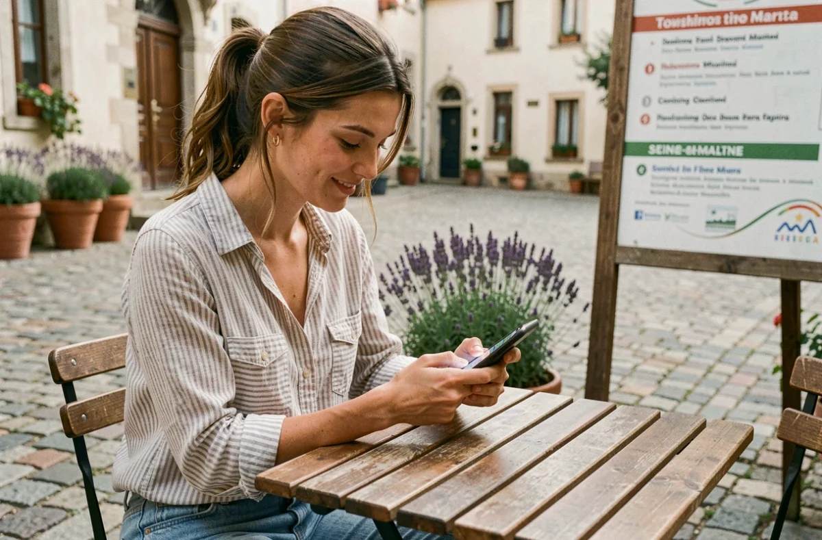 Jeune femme cherchant des bons plans et réductions pour activités en Seine-et-Marne sur son smartphone