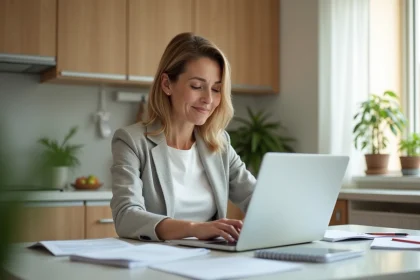 Femme d'âge moyen au bureau à domicile concentrée