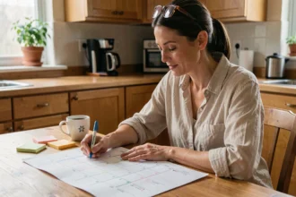 Femme organisant un calendrier semaines paires impaires à la table de cuisine avec des marqueurs colorés