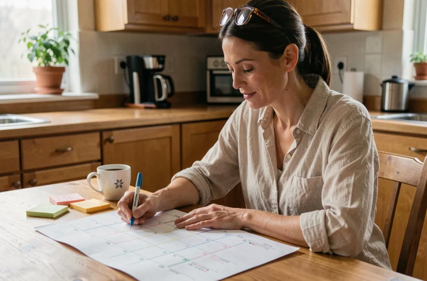 Femme organisant un calendrier semaines paires impaires à la table de cuisine avec des marqueurs colorés