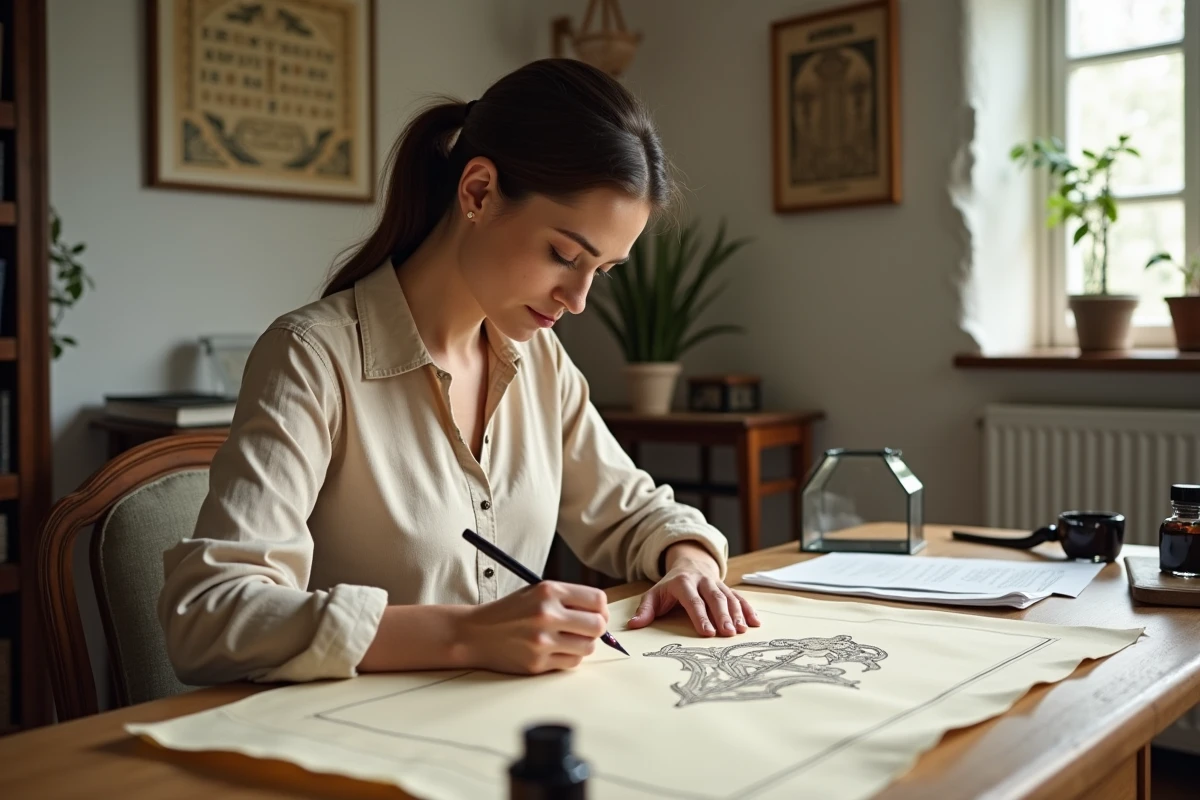 Femme dessinant un blason héraldique sur papier dans un bureau de généalogie avec documents de référence