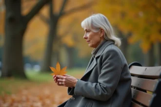Femme en deuil assise seule sur un banc en automne tenant une feuille séchée, expression mélancolique et recueillie