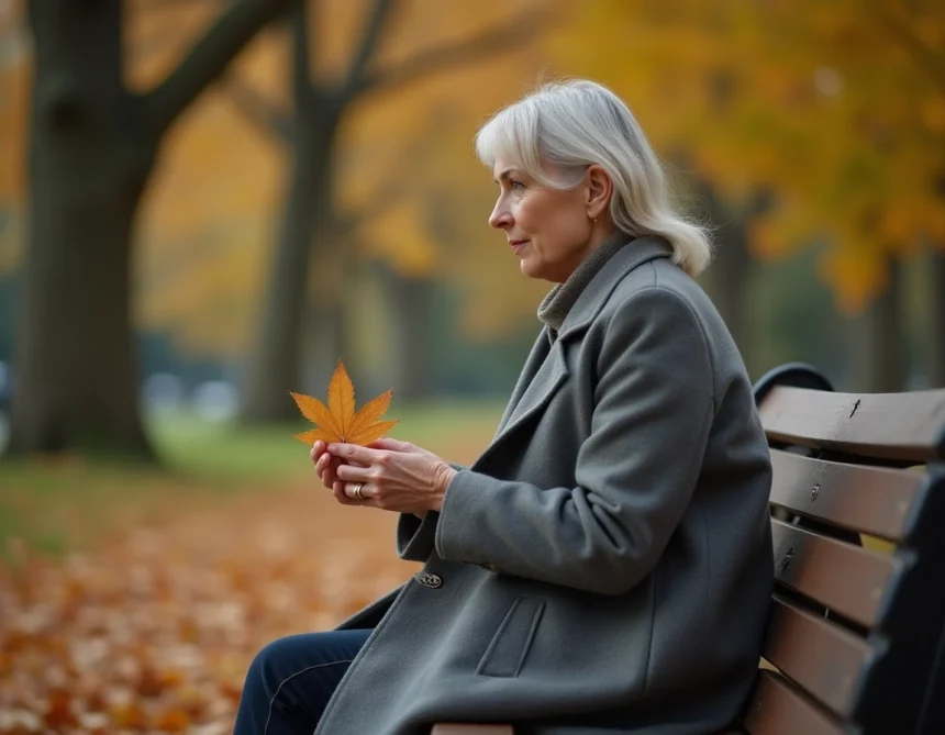 Femme en deuil assise seule sur un banc en automne tenant une feuille séchée, expression mélancolique et recueillie