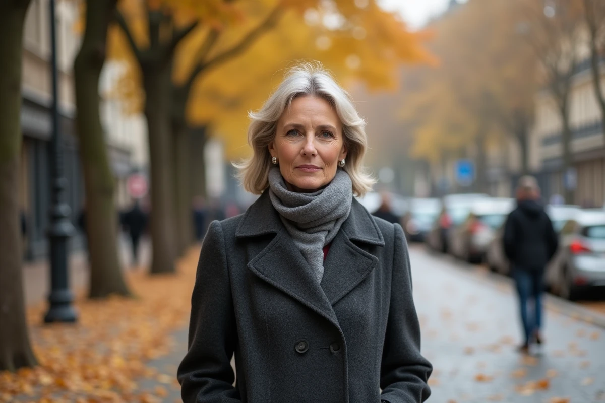 Femme discrète et élégante marchant dans une avenue parisienne en automne, illustrant une personnalité publique peu médiatisée