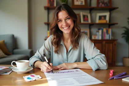 Femme souriante écrivant sur un document commandements pour parrain