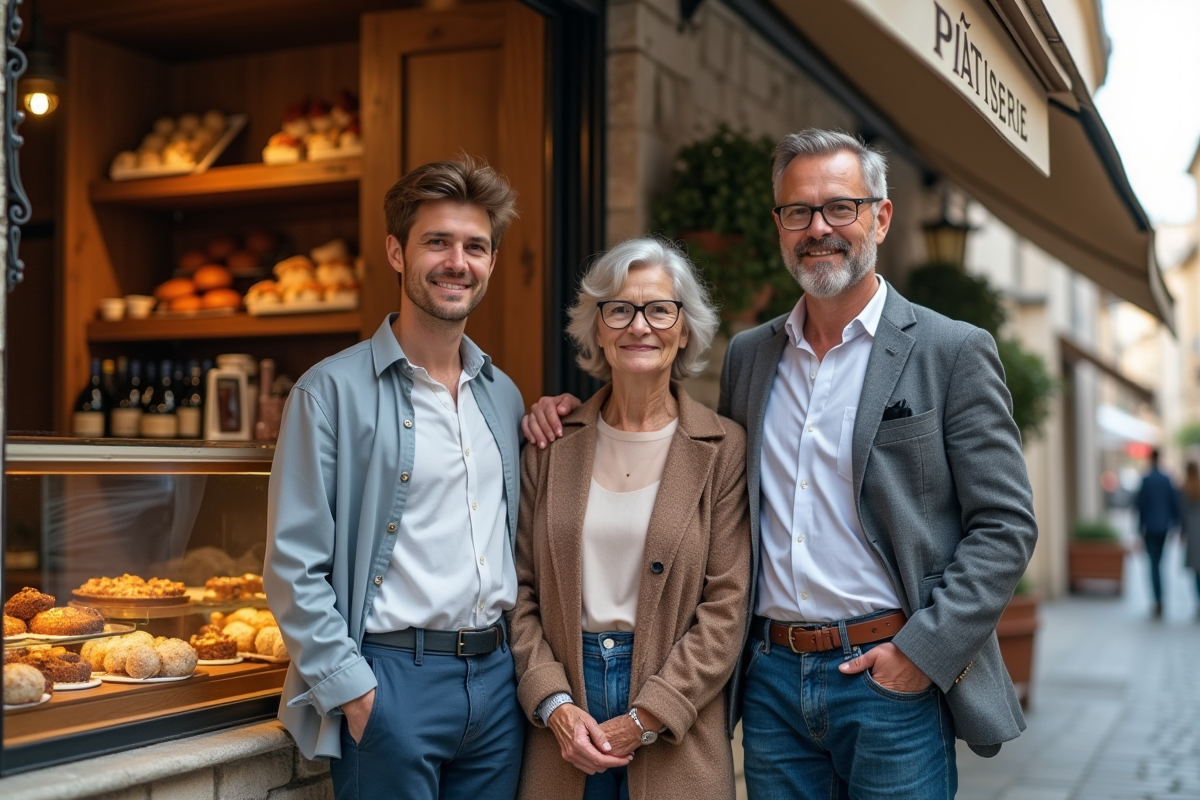 Femme âgée posant devant une pâtisserie artisanale en ville