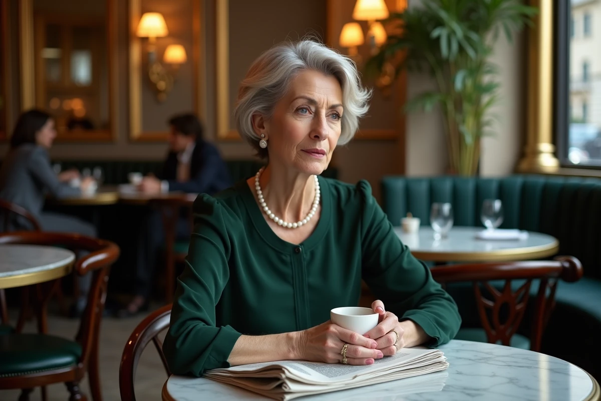 Femme élégante et réservée lisant dans une brasserie parisienne classique, portrait d'une personnalité discrète et fascinante