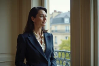 Femme élégante et discrète dans un appartement parisien classique, évoquant la fascination pour une personnalité médiatiquement réservée