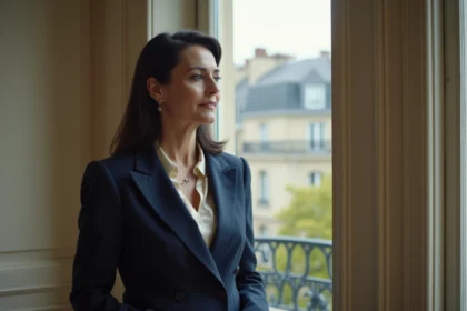 Femme élégante et discrète dans un appartement parisien classique, évoquant la fascination pour une personnalité médiatiquement réservée