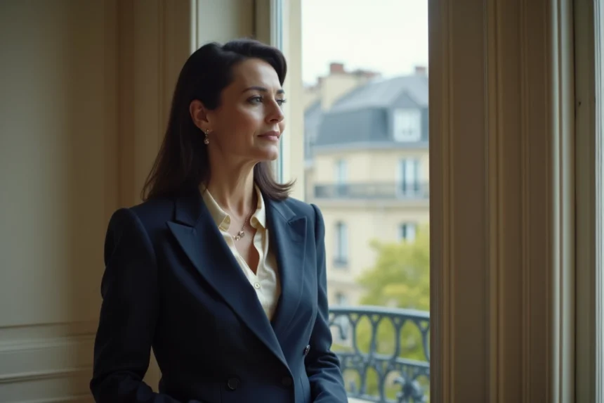 Femme élégante et discrète dans un appartement parisien classique, évoquant la fascination pour une personnalité médiatiquement réservée