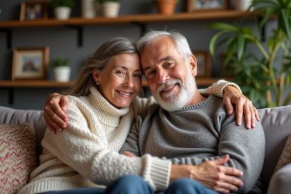 Femme chaleureuse embrassant son père souriant à la maison