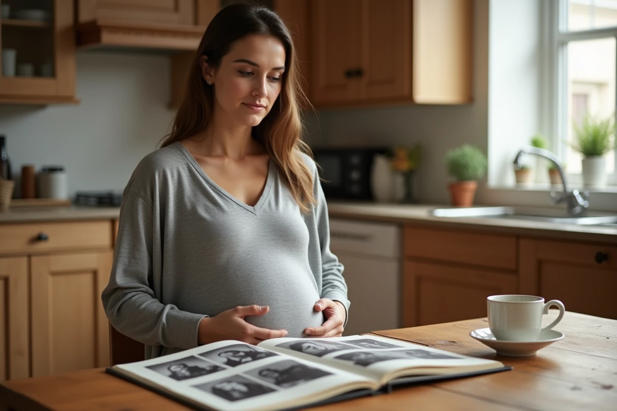Femme enceinte consultant un album photo de famille avec des jumeaux sur plusieurs générations, hérédité gémellaire
