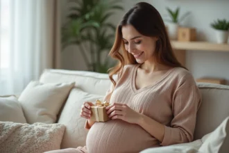 Femme enceinte souriante découvrant un cadeau dans un salon chaleureux
