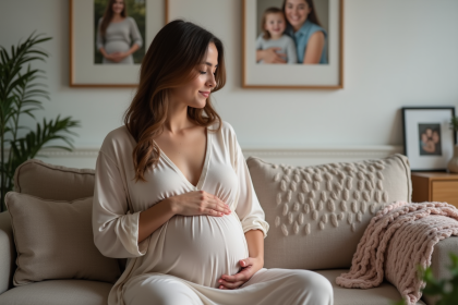 Femme enceinte sereine dans un salon cosy