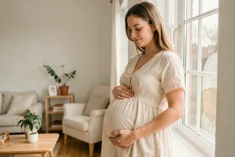 Femme enceinte en robe lin crème tenant son ventre dans un intérieur scandinave épuré, portrait 3/4 doux et naturel