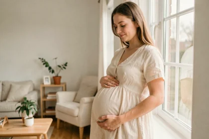 Femme enceinte en robe lin crème tenant son ventre dans un intérieur scandinave épuré, portrait 3/4 doux et naturel