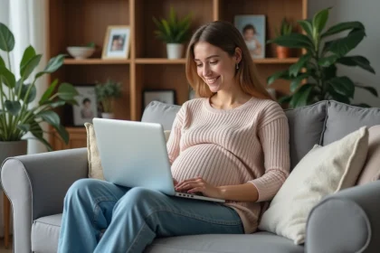 Femme enceinte assise sur un canapé dans un salon chaleureux
