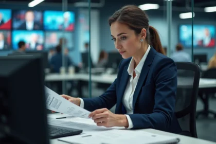 Femme journaliste professionnelle dans une salle de rédaction moderne entourée d'écrans affichant des actualités