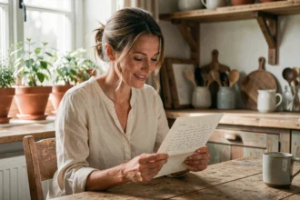 Femme émue lisant une lettre manuscrite à table, illustrant un poème touchant pour une marraine