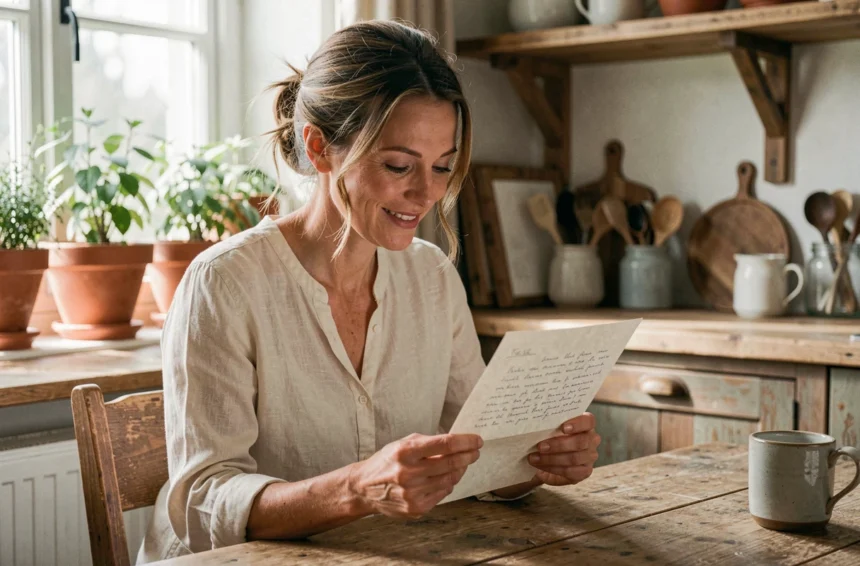 Femme émue lisant une lettre manuscrite à table, illustrant un poème touchant pour une marraine