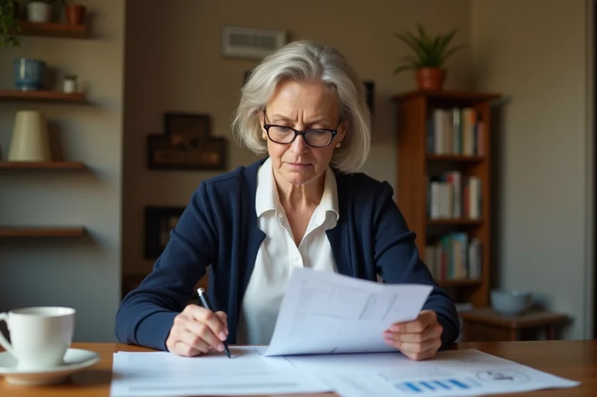 Femme consultant des documents officiels liés à l'obligation alimentaire à domicile