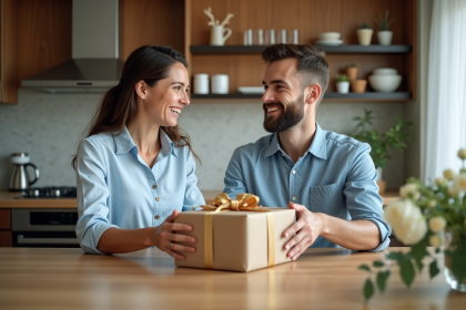 Femme souriante offrant un cadeau à son mari dans la cuisine