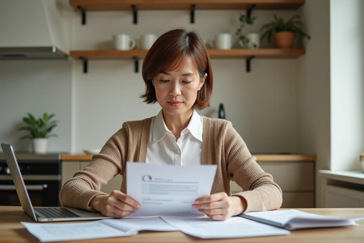 Femme d'âge moyen examinant des documents financiers à la maison