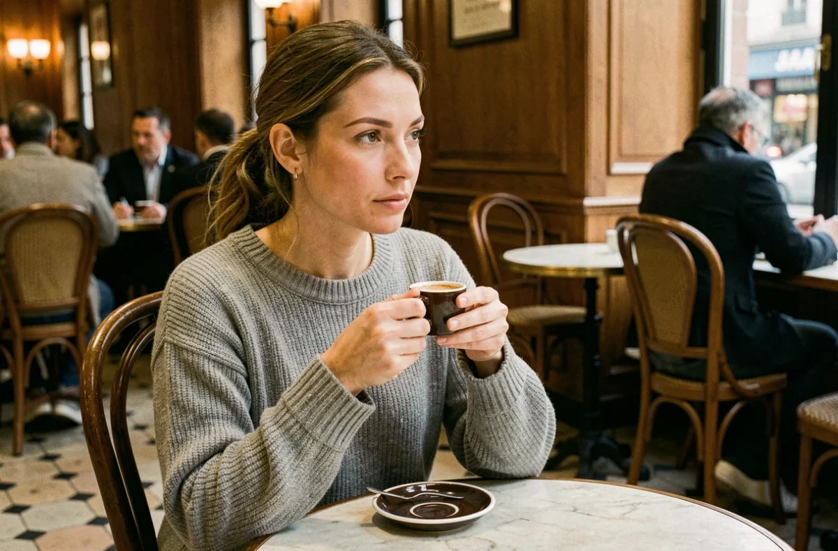 Femme pensive assise seule dans un café parisien, tenant une tasse d'espresso, atmosphère intimiste et personnelle