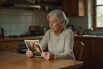 Femme réfléchissant à une photo de famille ancienne