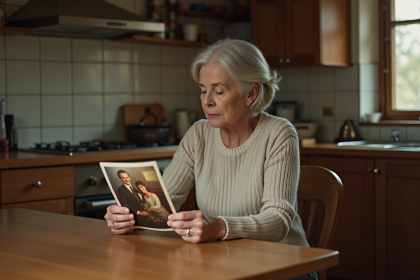 Femme réfléchissant à une photo de famille ancienne