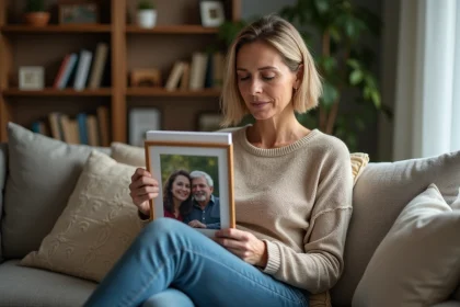 Femme contemplant une photo de famille dans son salon