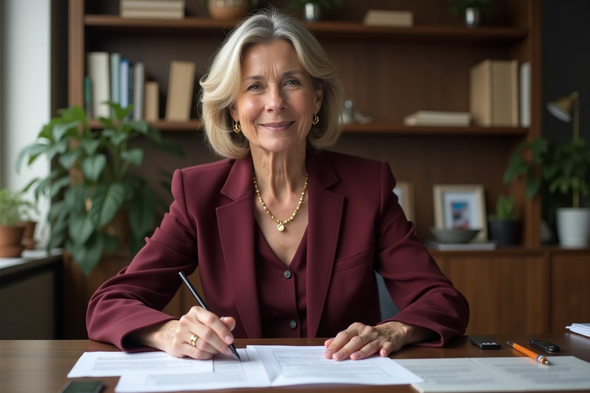 Femme professionnelle française assise à un bureau moderne examinant des documents