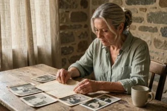 Femme aux cheveux argentés consultant de vieux documents généalogiques et photographies de famille sur une table en bois dans une maison de campagne française