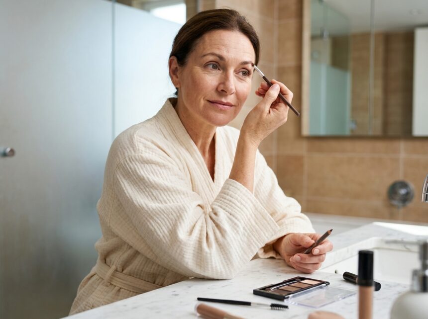 Femme mature redessinant ses sourcils clairsemés avec un crayon à sourcils devant un miroir de coiffeuse