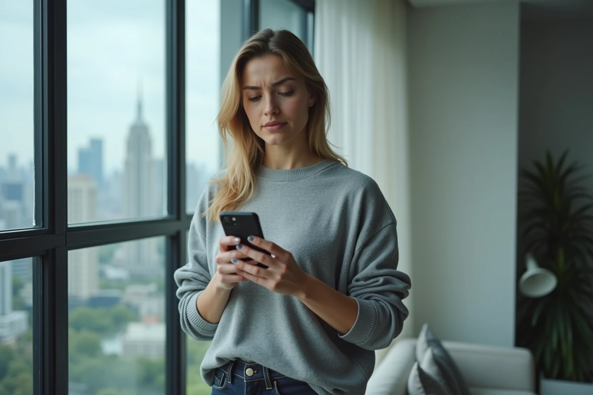 Femme consultant son téléphone avec inquiétude face à l'exposition de sa vie privée en ligne