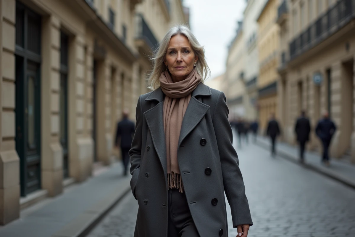 Femme élégante marchant dans une rue pavée parisienne près d'immeubles haussmanniens