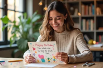 Femme souriante avec une carte d'anniversaire faite main