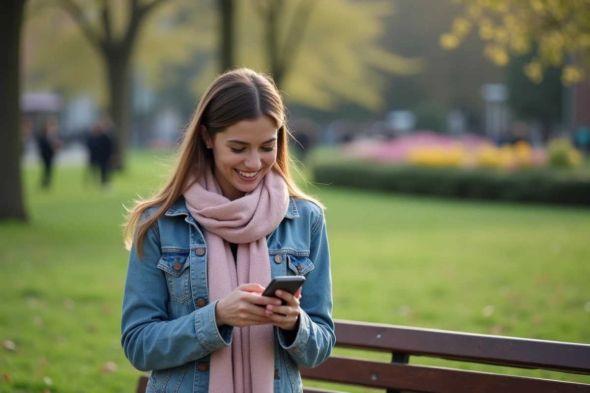 Jeune femme heureuse regardant son téléphone dans un parc