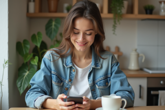 Jeune femme souriante utilisant son smartphone dans une cuisine moderne