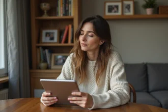 Femme contemplative utilisant une tablette dans un intérieur cosy