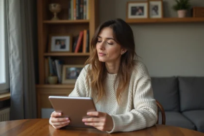 Femme contemplative utilisant une tablette dans un intérieur cosy