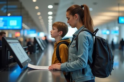 Femme d'âge moyen et son adolescent à l'aéroport