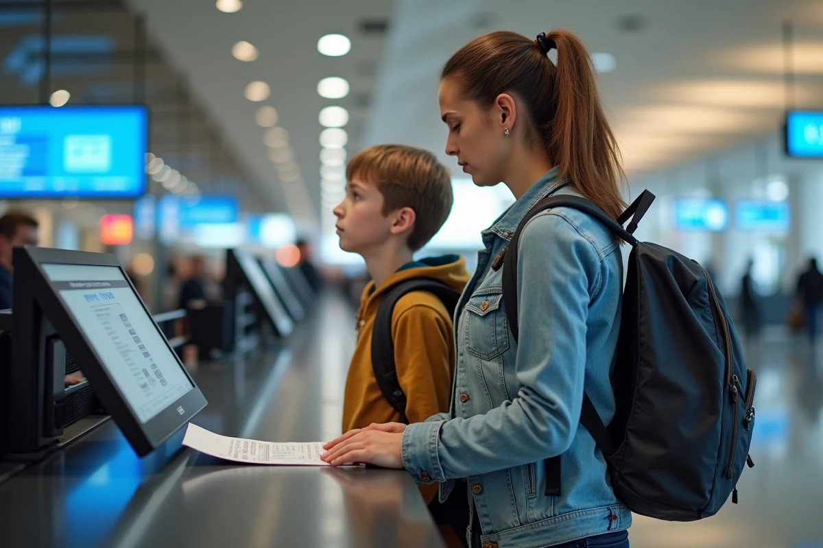 Femme d'âge moyen et son adolescent à l'aéroport