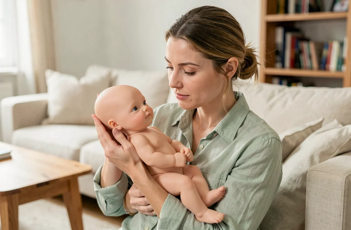 Femme tenant délicatement une poupée Lreborn en silicone dans ses bras dans un salon moderne et lumineux
