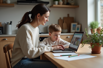 Femme utilisant un ordinateur avec son enfant à côté dans la cuisine
