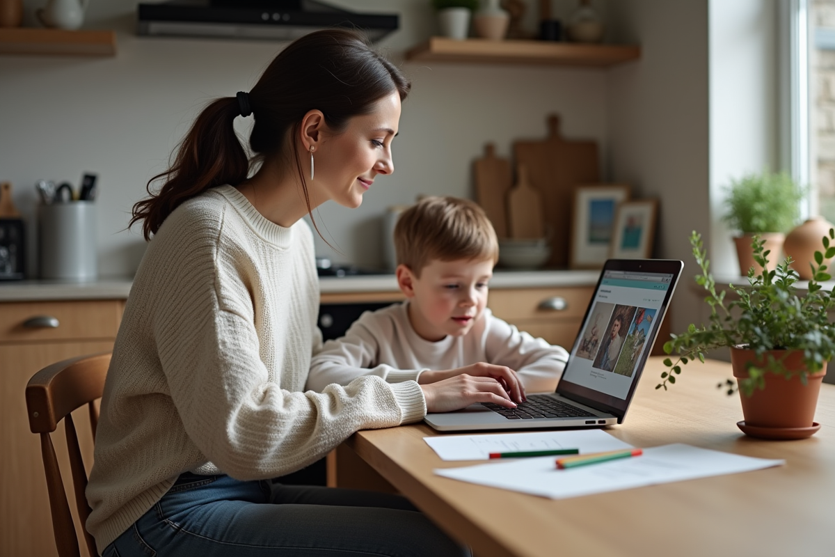 Femme utilisant un ordinateur avec son enfant à côté dans la cuisine