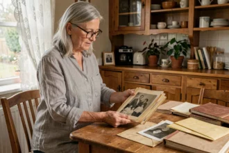 Femme âgée triant de vieilles photos de famille en noir et blanc sur une table en bois, entourée d'albums photo anciens