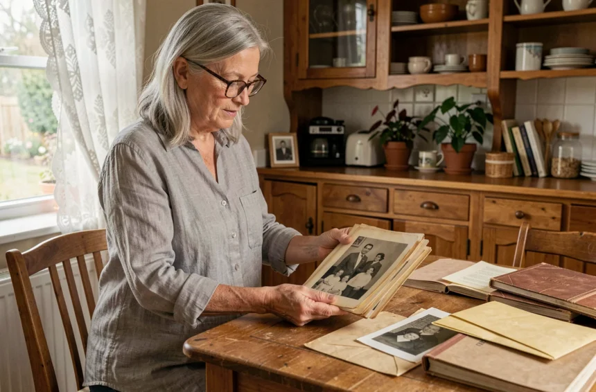 Femme âgée triant de vieilles photos de famille en noir et blanc sur une table en bois, entourée d'albums photo anciens